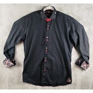 Maceoo Italian Jacquard Dress Shirt Mens M Black Check Contrast‎ Plaid Cuff